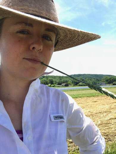 Katlyn Catron, a woman with pink skin and a septum ring, wears a wide-brimmed straw hat, a white field shirt, and holds a long stem of grass in her lips in front of a field of cut yellow grass